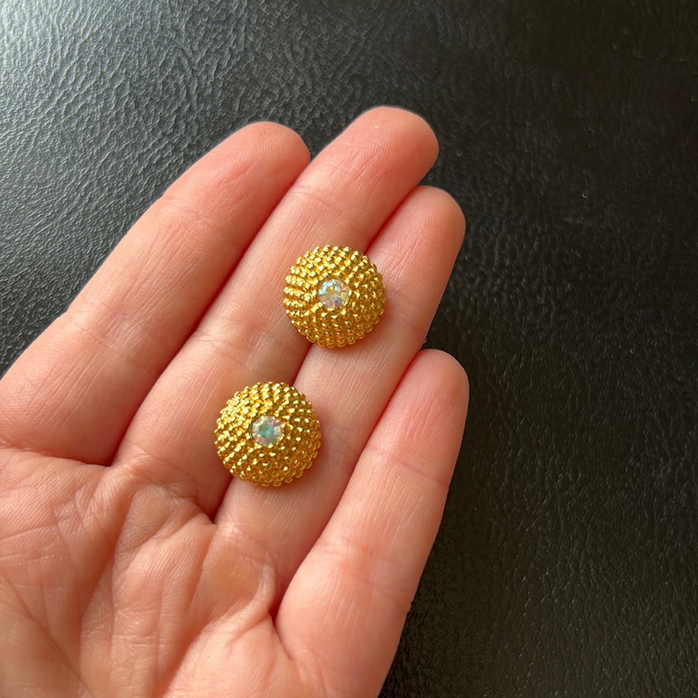 Vintage Avon gold tone textured disco ball button studs with iridescent stone